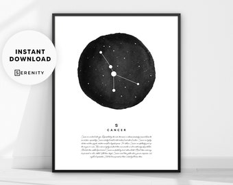 Cancer Constellation Print, Zodiac Sign Wall Art, Astrology Poster, Scandinavian Nordic Art, Digital Printable Black and White Home Decor