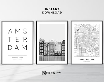 Amsterdam Poster Set, Printable Travel Wall Art Gallery, Typography Photography and Map Print Set, Digital Download