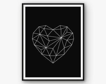 Heart Print, Black and White Heart Printable, Geometric Heart Wall Art, Digital Print, Triangle Heart, Love Poster, Love Art, Heart Decor