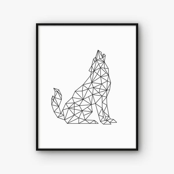 Geometric Wolf Print, Geometry Animal Wall Art, Modern Minimalist Black and White Poster, Printable Scandinavian Nordic Decor, Low Poly