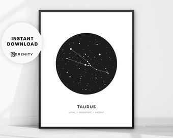 Taurus Constellation Print, Zodiac Sign Wall Art, Minimalist Modern Geometric Poster, Black and White Decour, Astrology, Stars, Celestial