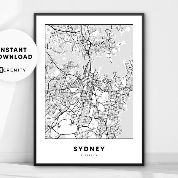 Sydney City Map Print, Street Map Poster, Australia Travel Print, Minimalist Black and White Wall Art, Instant Download