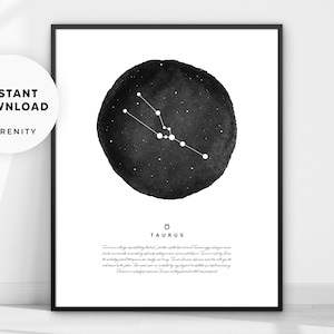 Taurus Print, Taurus Constellation, Taurus Zodiac Sign Poster, Taurus Wall Art, Taurus Gift, Zodiac Constellation, Astrology Black and White image 1