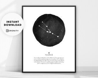 Taurus Print, Taurus Constellation, Taurus Zodiac Sign Poster, Taurus Wall Art, Taurus Gift, Zodiac Constellation, Astrology Black and White