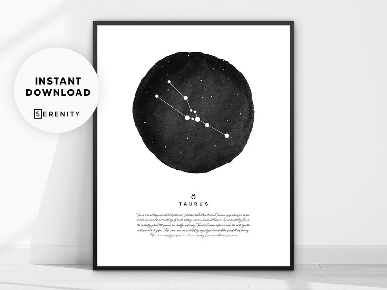 Taurus Print, Taurus Constellation, Taurus Zodiac Sign Poster, Taurus Wall Art, Taurus Gift, Zodiac Constellation, Astrology Black and White image 1