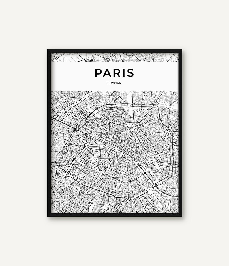 Map of Paris black and white print poster wall art