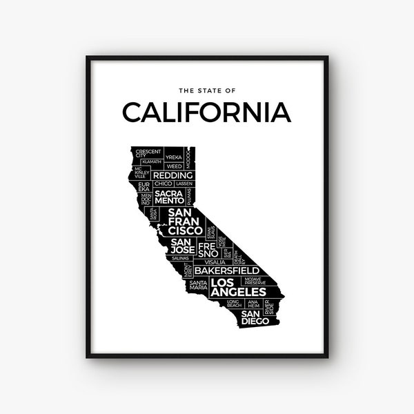 California Print, California Map Print, California Poster, California State Decor, California Art, Black and White California Wall Art