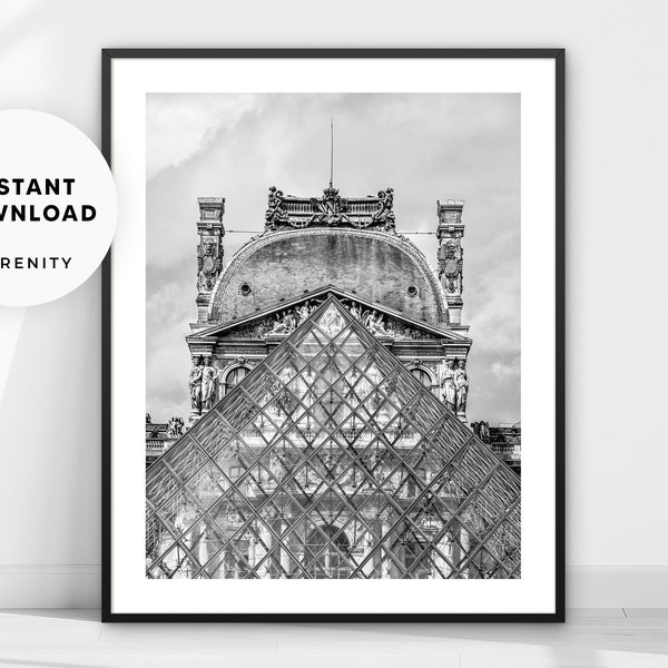 Paris Photo Wall Art, Architecture Photography Print, France Louvre Travel Poster, Black and White Digital Download