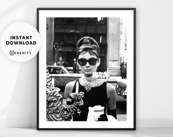 Audrey Hepburn Print, Celebrity Photo Poster, Actress Breakfast Photography, Fashion Icon Wall Art, Iconic Photo, Printable Art