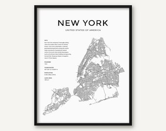 New York Map Print, New York Print, New York Poster, New York City Wall Art, Black and White NY Printable, Map of New York, United States