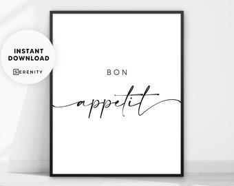 Bon Appetit Print, Kitchen Poster, Typography Wall Art, Minimalist Printable Art Digital Download