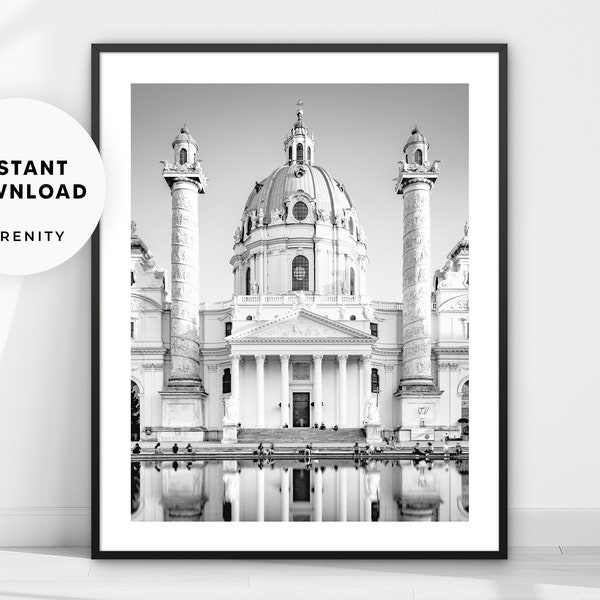 Vienna Travel Print, Austria Photography Wall Art, Black and White Photo Poster, Architecture Building Wall Art, Instant Download