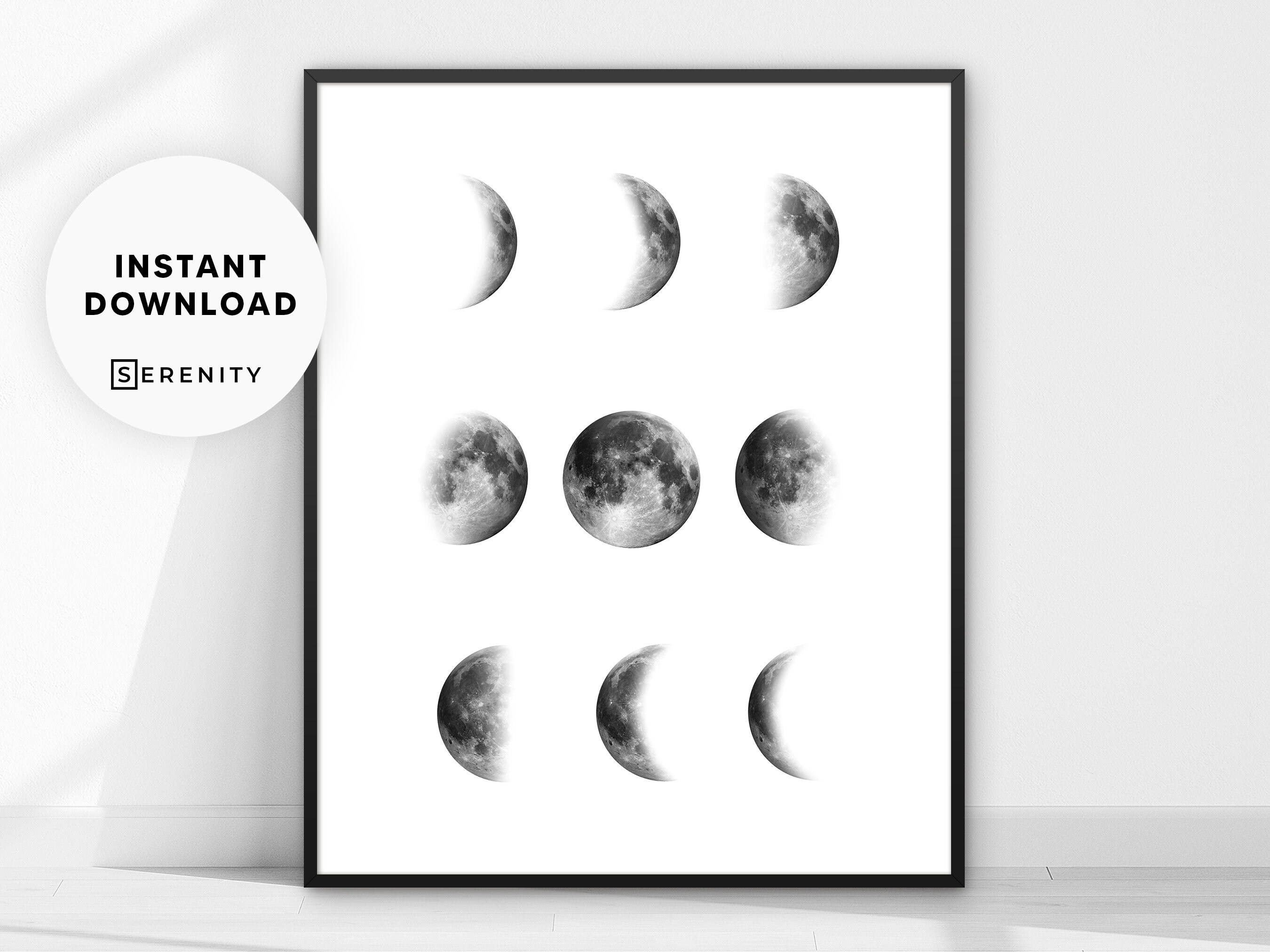 Black and White Moon Wall Art, Moon Phases Art, Moon Decor, Nordic Wall