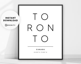 Toronto Travel Poster, Canada Typography Print, Modern City Wall Art, Coordinates Black and White Instant Download