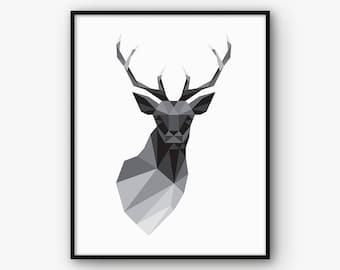 Printable Black and White Deer, Geometric Deer, Geometry Animal Wall Art, Poster, Modern Minimalist Decour, Low Poly Deer, Christmas Print