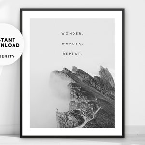 Wanderlust Print, Adventure Poster, Wonder Wander Repeat Quote, Printable Travel Wall Art, Digital Download