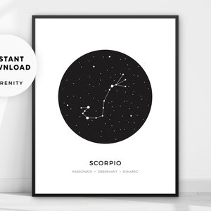 Scorpio Constellation Wall Art, Scorpion Zodiac Sign Print, Astrology Poster Minimalist Modern Geometric, Black and White Decour, Geometry