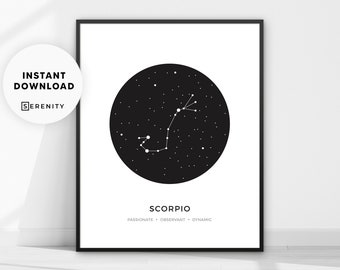 Scorpio Constellation Wall Art, Scorpion Zodiac Sign Print, Astrology Poster Minimalist Modern Geometric, Black and White Decour, Geometry