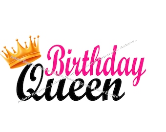 Könnte beinhalten: Grafik mit den Worten "Birthday Queen" in schwarzer und rosa Schrift, gekrönt von einer goldenen Krone. Das Design befindet sich auf weißem Hintergrund, ideal für Geburtstage.