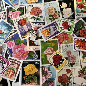 N030 - 45 Different Rose Stamps | Worldwide Stamps | Scrapbooking, Junk Journal, collages | Stamp collecting