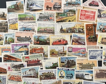 N118 - 50 Different Train Stamps | Worldwide Stamps | Scrapbooking, Junk Journal, collages | Stamp collecting