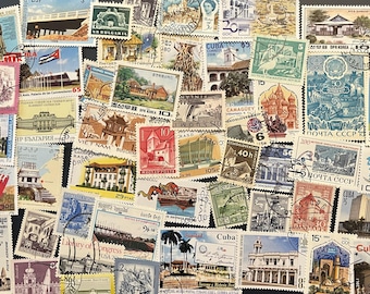 N120 - 50 Different Vintage Architecture Stamps | Worldwide Stamps | Scrapbooking, Junk Journal, collages | Stamp collecting