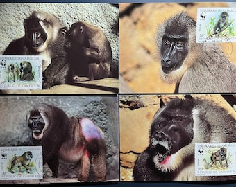 N133 - Cameroon 1988 WWF Drill Monkey Maximum Cards – Set of 4 – Endangered Mammal Maxicards
