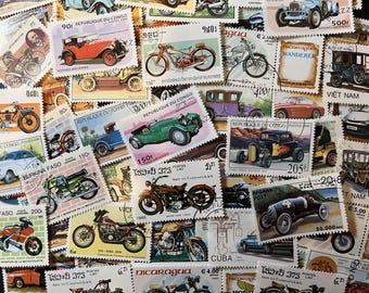 N028 - 50 Different Cars & Motorcycle Stamps | Worldwide Stamps | Scrapbooking, Junk Journal, collages | Stamp collecting