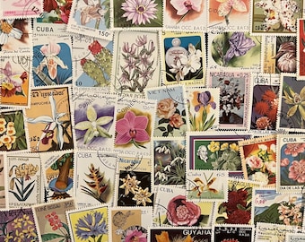 N097- 50 Different Flower Stamps | Worldwide Stamps | Scrapbooking, Junk Journal, collages | Stamp collecting