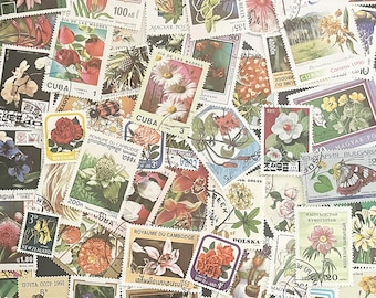 N113- 50 Flower CTO Stamps Worldwide | Vintage Floral Postage Stamp Collection | Botanical Philately Lot | Junk Journal Supply