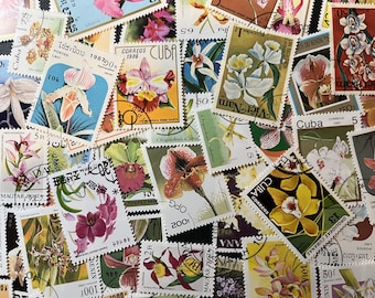 N029 - 55 Different Orchid Stamps | Worldwide Stamps | Scrapbooking, Junk Journal, collages | Stamp collecting