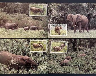 N134 - Gabon 1988 WWF African Forest Elephant Maximum Cards Set of 4 | Endangered Mammals | Wildlife Stamp Collectibles
