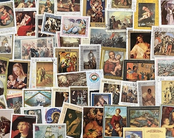 N123 - 50 Different Vintage Paintings on Stamps | World Art Stamps | Renaissance & Classical Art | Junk Journal, Collage, Scrapbook Supplies
