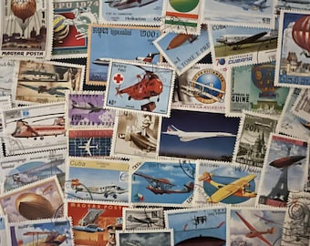 N119 - 50 Different Aviation Postage Stamps | Airplanes, Helicopters, Balloons | Collecting, Junk Journal & crafts