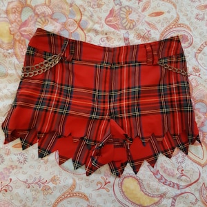 Customized Punk Cut Off Tartan Shorts with Gold Chains uk 8 10