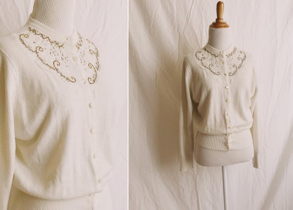 1940s Beaded Orlon Cardigan Sweater