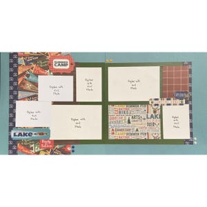 May include: A scrapbook page with a summer camp theme. It features various patterned papers, including a plaid design and a design with camping-related words. The page includes spaces to add photos and the words "Summer Camp."