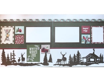 Winter Wonderland 12x12 Scrapbook Page Layout Kit, Precut Scrapbooking Page Kit, Scrapbook, Hunting Premade Kit, Deer, Cabin, Skiing (#150)