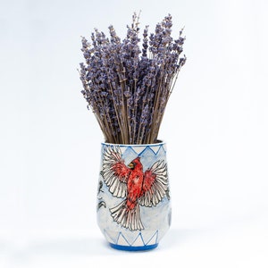 Handmade, Porcelain, Ceramic, Vase, Pottery, Clay, Cardinal, Bird, Clayvein, Red, White, Blue, Flower Vase, Unique Gift