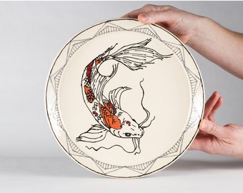 Handmade | Ceramic | Plate | Koi | Fish | Pottery | Porcelain | Clay | Serving | Dinner | Clayvein | Unique | Orange | Black | Nishikigoi