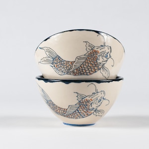 Handmade Porcelain Ceramic Bowl Pottery Two Bowls Carp Koi Fish Decor Unique Yin yang Animal Gift Blue image 1