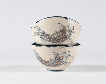 Handmade | Porcelain | Ceramic | Bowl | Pottery | Two Bowls | Carp | Koi | Fish | Decor | Unique | Yin yang | Animal | Gift | Blue