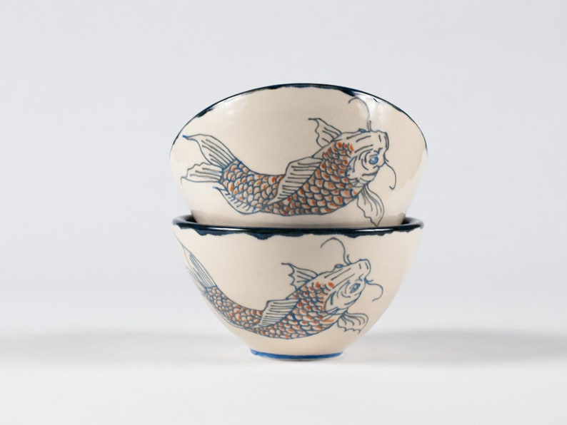 Handmade Porcelain Ceramic Bowl Pottery Two Bowls Carp Koi Fish Decor Unique Yin yang Animal Gift Blue image 1