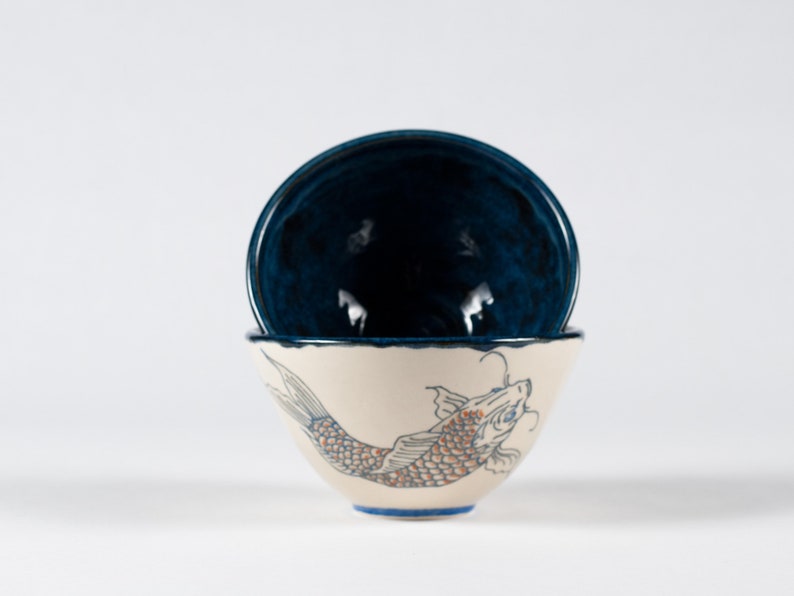 Handmade Porcelain Ceramic Bowl Pottery Two Bowls Carp Koi Fish Decor Unique Yin yang Animal Gift Blue image 2