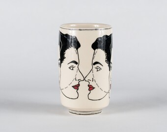 Handmade | Ceramic | Cup | Tumbler | 10 fl oz | Pottery | Clay | Modern | Unique | Graphic | Human | Woman | Face | Black | White | Red