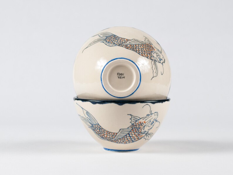 Handmade Porcelain Ceramic Bowl Pottery Two Bowls Carp Koi Fish Decor Unique Yin yang Animal Gift Blue image 3