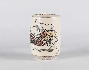 Handmade | Ceramic | Cup | Koi | Fish | Pottery | Clay | Black | Yellow | Orange | Modern | 10 fl oz | Clayvein | Unique | Nishikigoi