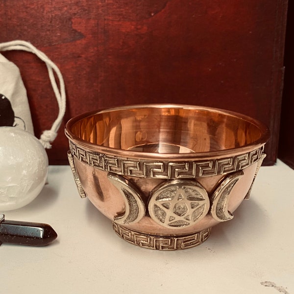 Triple Moon Pentacle Copper Offering Bowl 3"D