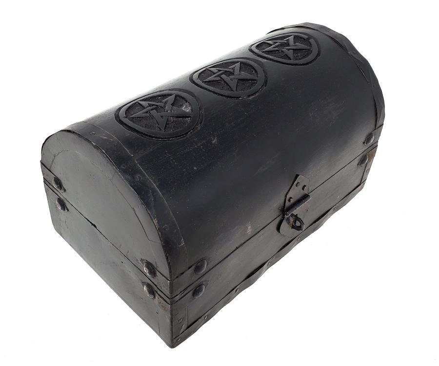 Pentagram Chest Wooden Witchcraft Pentagram Handcrafted Black Magic Dark Wood Cabinet Box Triple Moon Round Top Antique