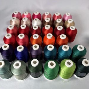 Pode incluir: Uma coleção de trinta e seis carretéis cilíndricos de linha de bordar dispostos em uma grade. Os carretéis apresentam uma variedade de cores, incluindo tons de rosa, vermelho, laranja, roxo, azul, verde e marrom, cada um com uma tampa branca.